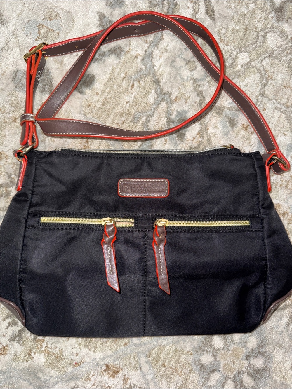 Stone Mountain Black Crossbody Bag with Red-orange and gold Trim Accents. New!